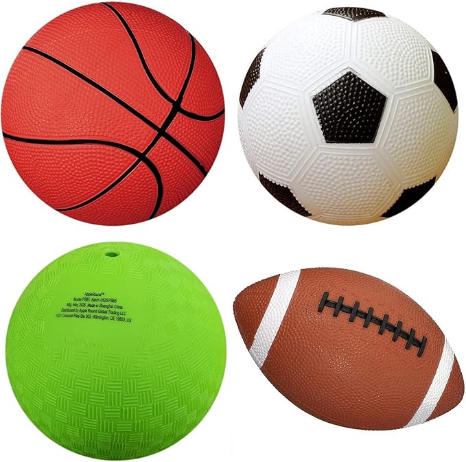 AppleRound 4-Pack Sports Balls for Toddlers & Kids with Pump – 5-Inch Soccer Ball, Basketball, Playground Ball & 6.5-Inch ...