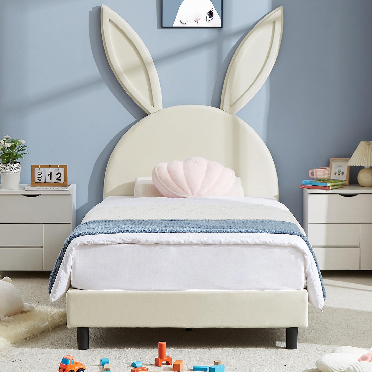 VECELO Twin Size Bed Frame, Heavy-Duty Platform with Rabbit Shaped Headboard for Girls Kids Room, Easy Assembly, Beige