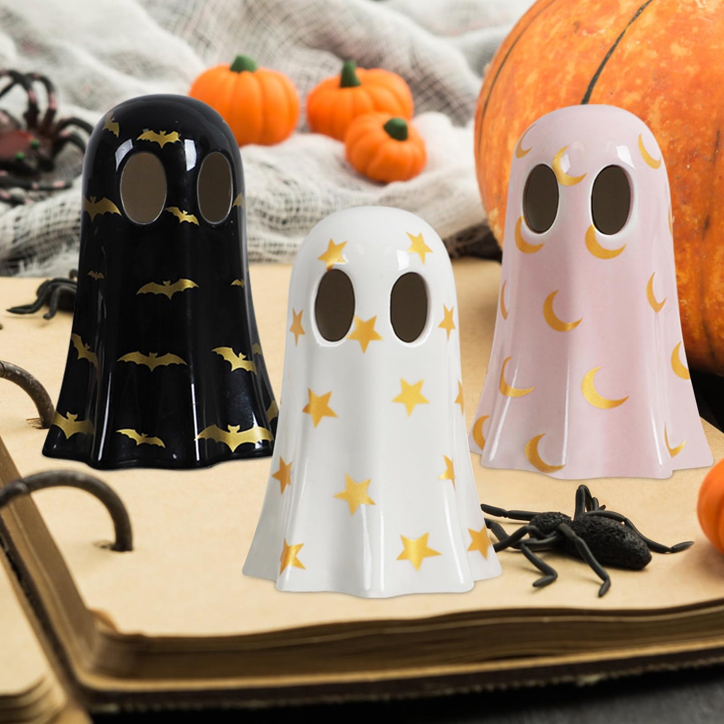 DAZONGE Halloween Decorations Indoor, Set of 3 Ceramic Ghosts with Witch Hats, Cute Spooky Halloween Ghost Figurines for Mantel, Shelf & Tabletop Decor