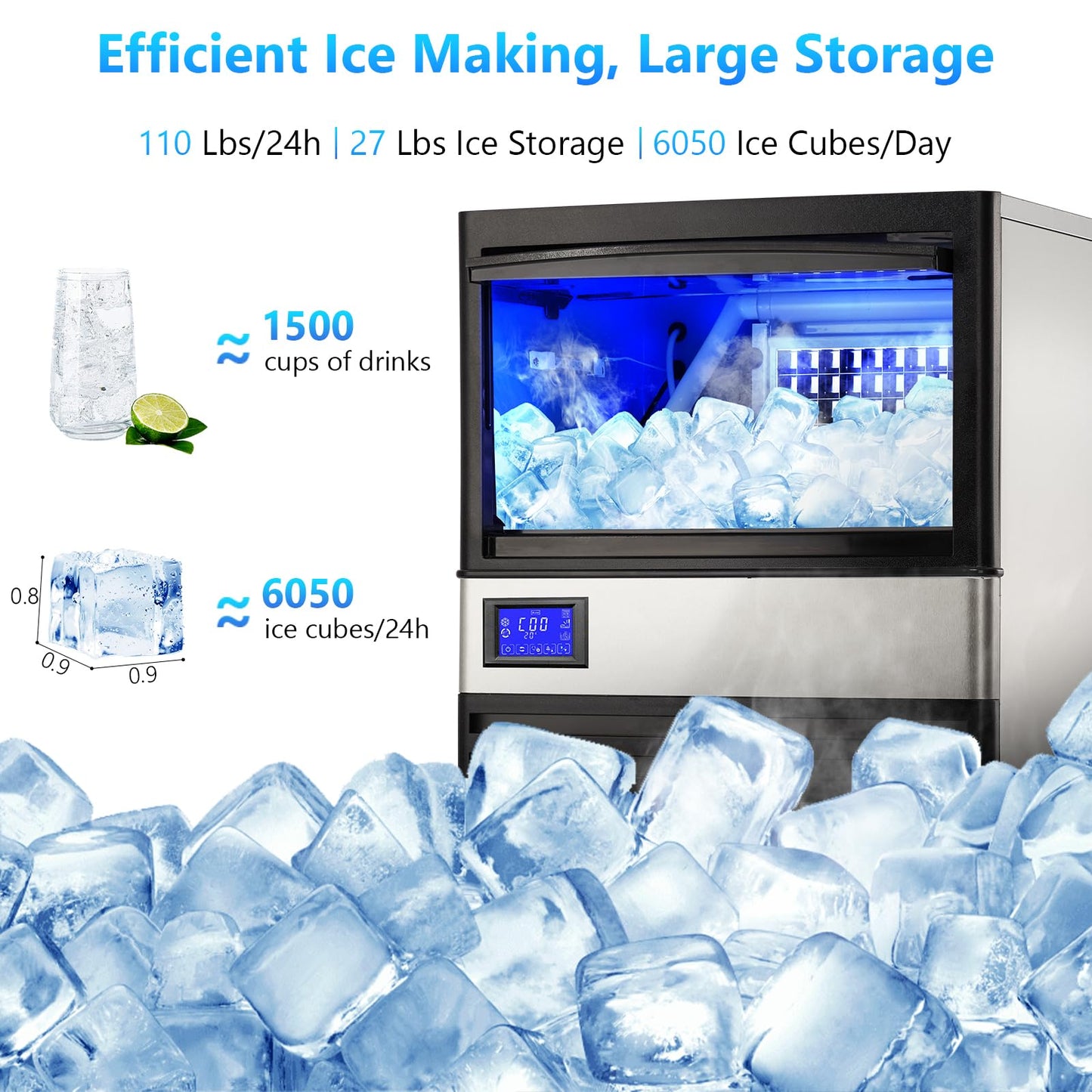 Commercial Ice Maker Machine 110lbs/24h with 27lbs Storage Bin, Stainless Steel Ice Machine with Ice Scoop, Electric Water Drain Pump & Water Filter, Freestanding Ice Machine for Home/Restaurants/Bars