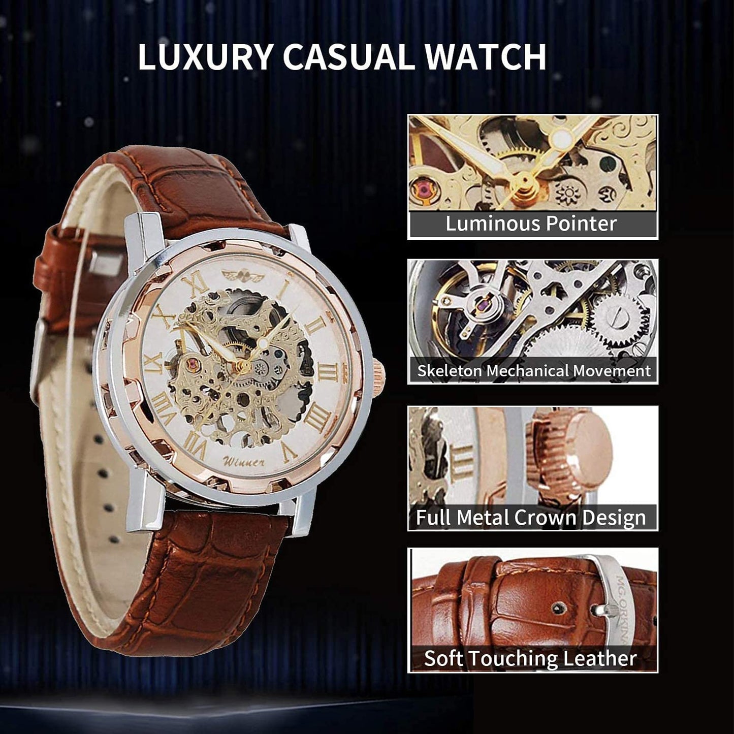 Gute Men's Watch, Mechanical Skeleton Hand-Wind Steampunk Bling Watch for Men Women, Roman Numeral PU Leather Silver Rose-Gold Case Unisex Wrist Watch