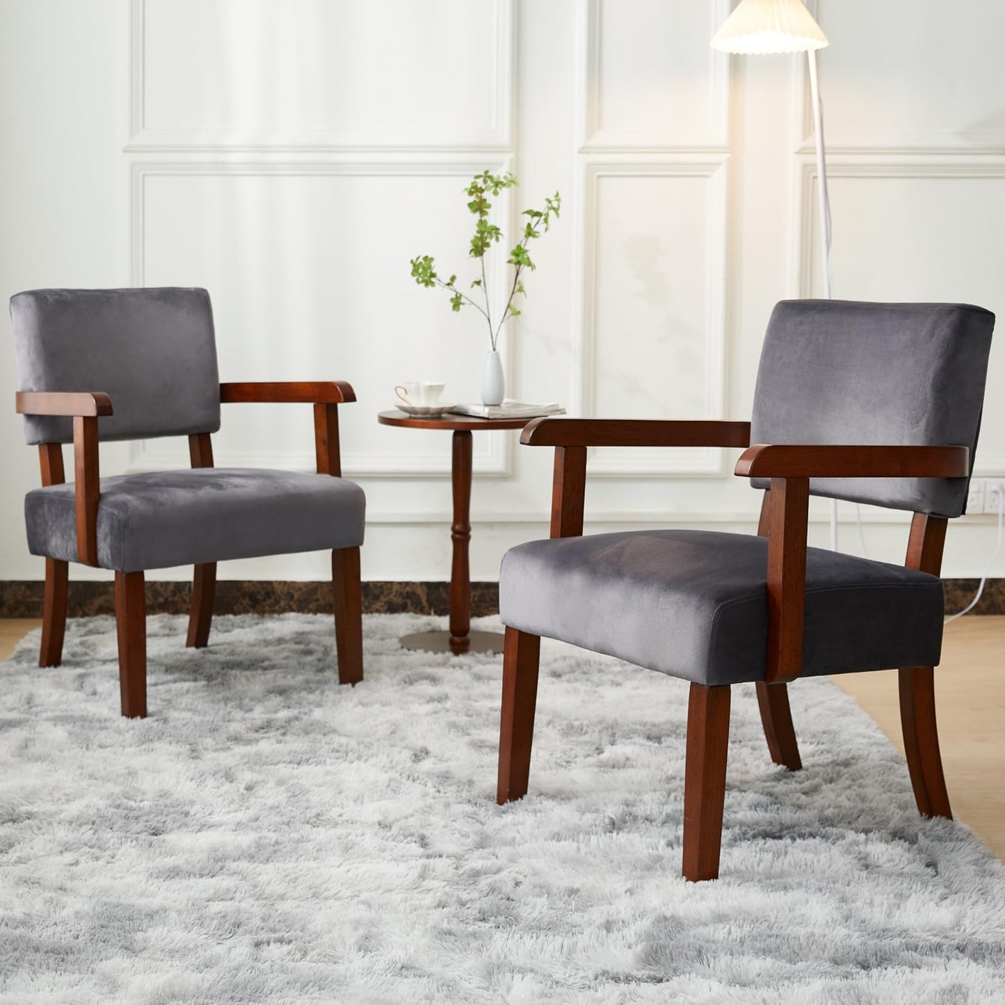 FAGAGA Accent Chair Set of 2 with Table, Living Room Chairs with VelvetSoft Seat and Armrests for Living Room Bedroom Reading Room Waiting Room (Greyvelvet)