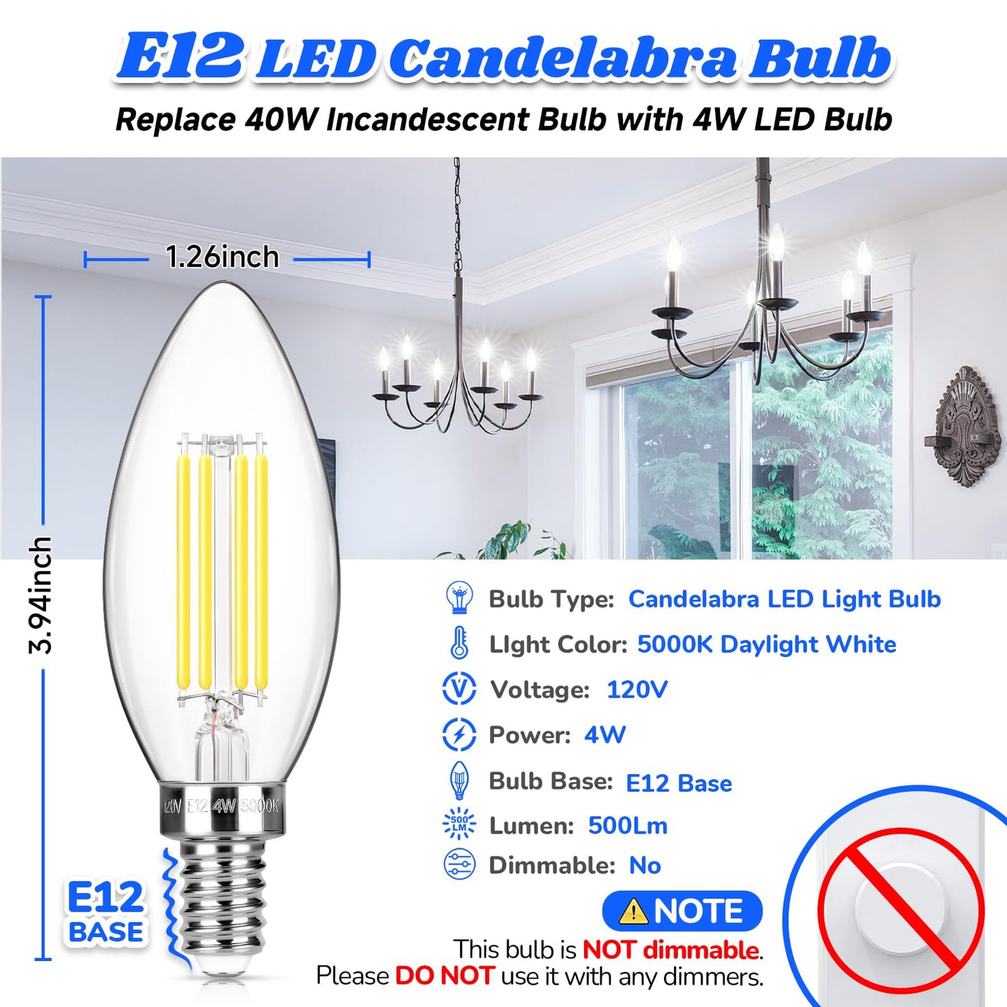 MAXvolador E12 LED Candelabra Bulb 40W Equivalent, 500LM Chandelier Light Bulb, Daylight White 5000K, B11 Filament Clear Glass Candle Base Light Non-Dimmable, 12 Pack