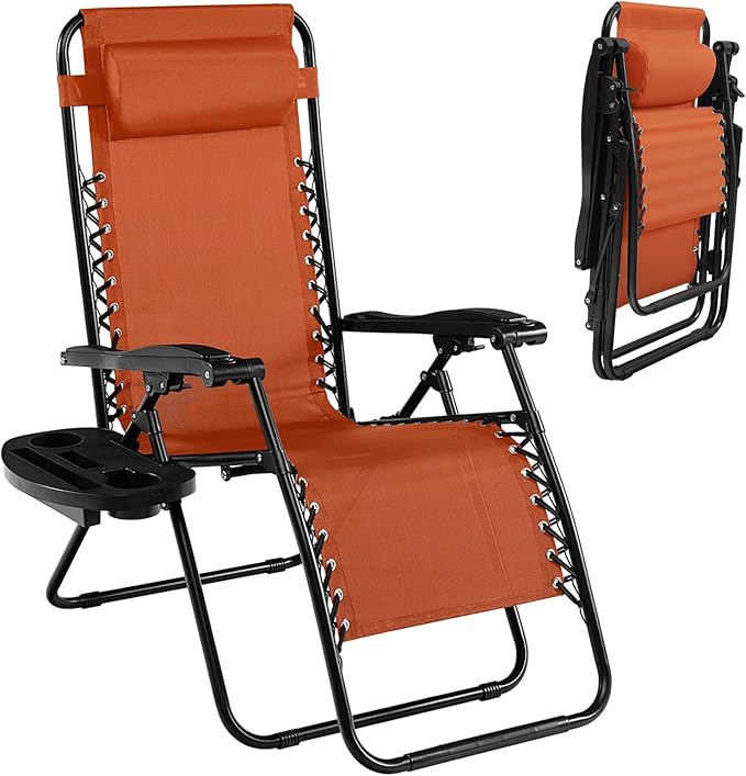 Tangkula Zero Gravity Chair, Folding Patio Lounge Chair Adjustable Outdoor Recliner with Cup Holder, Wide Armrest for Patio Garden Poolside Outdoor Yard Beach, Support 350 lbs (1, Orange)
