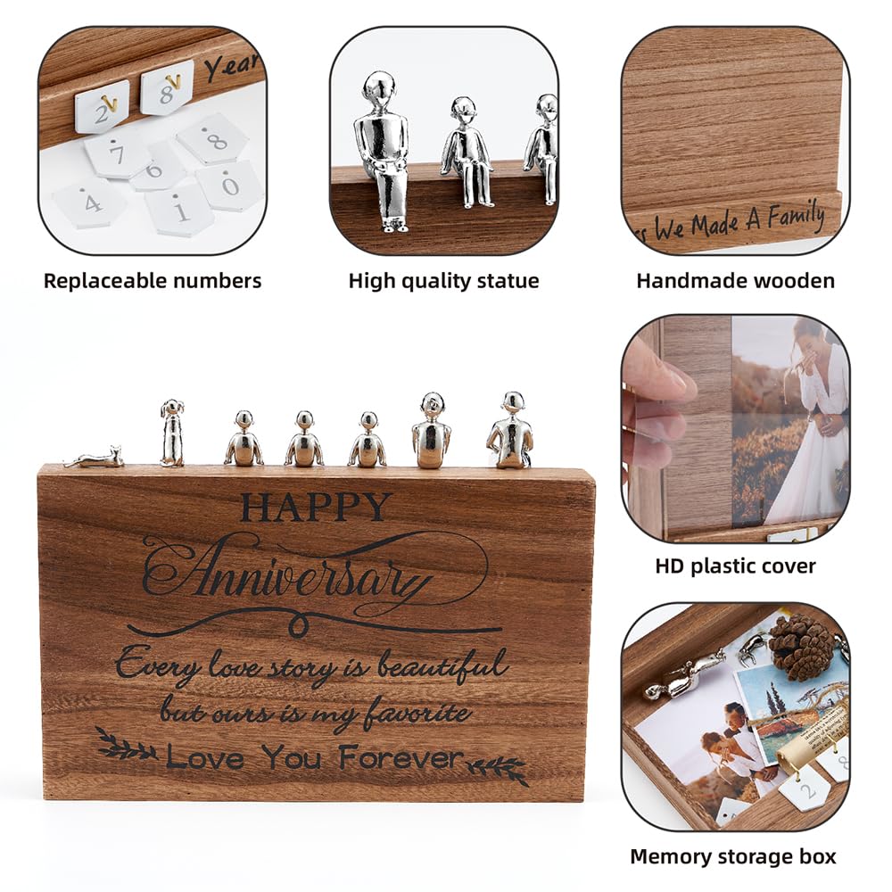 EVA murmure Personalized Romantic Wedding and Anniversary Keepsake Box with Family Statue - Wooden Memory Picture Box for Cherished Keepsakes and Ticket Storage - Elegant Couple Gift