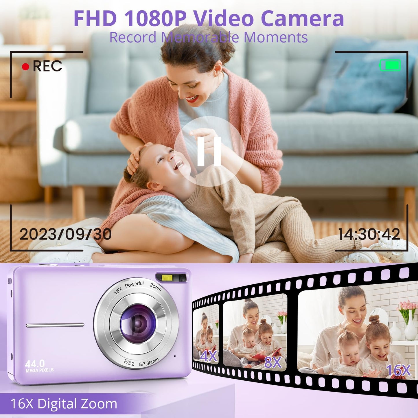 Digital Camera, 1080P 44Mp Digital Cameras For Photography, Digital Point And Shoot Camera For Kids With 16X Zoom, Anti-Shake, C