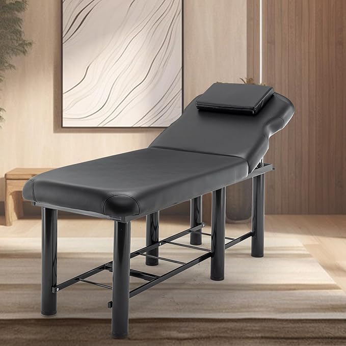 Professional Massage Table with Backrest, Faux Leather Stationary Physical Therapy Table, Metal Frame Barber Beauty Equipment, Removable Headrest Treatment Table Salon Spa Bed, Black