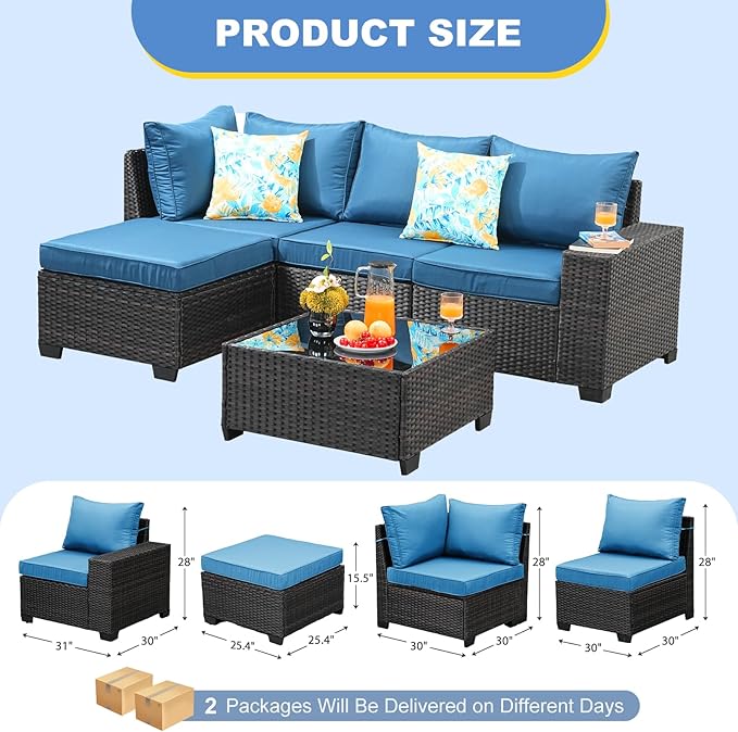 SunloungeCo 5 Pieces Outdoor Patio Furniture Set, Wicker Conversation Sets with Tea Table, Rattan Patio Sofa with Thick Cushions for Garden, Backyard, Poolside, Party, Peacock