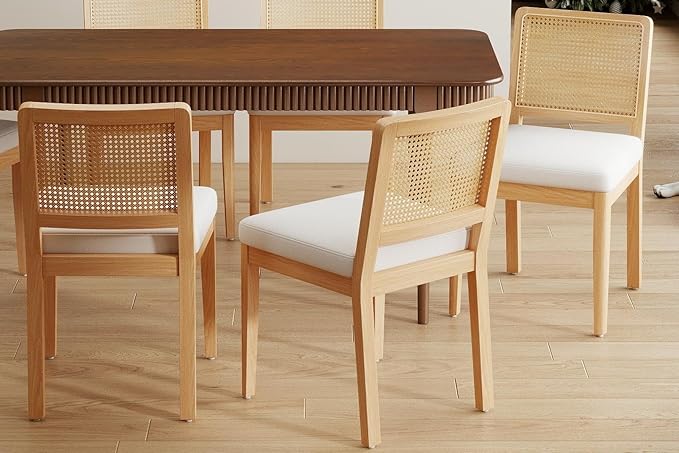 LukeAlon Set of 6 Farmhouse Dining Chairs - Modern Woven Cane Back, Plush Chenille Upholstered Seat, Solid Wood Legs, Mid Century Kitchen & Dining Room Chairs, Comfortable Accent Side Chairs, White