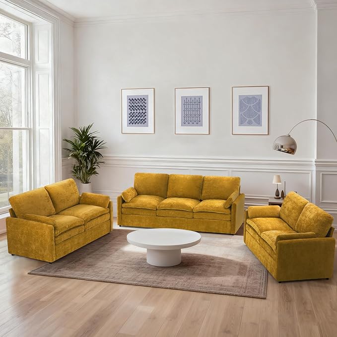 ACMEASE 3 Pieces Chenille Sofa Set w/Arm Pillows, Upholstered 2 Pieces Loveseat & 3 Seater Sofa w/Comfortable Back Cushions, Modern 2-Seat & 3-Seat w/High-Density Foam for Living Room, Yellow