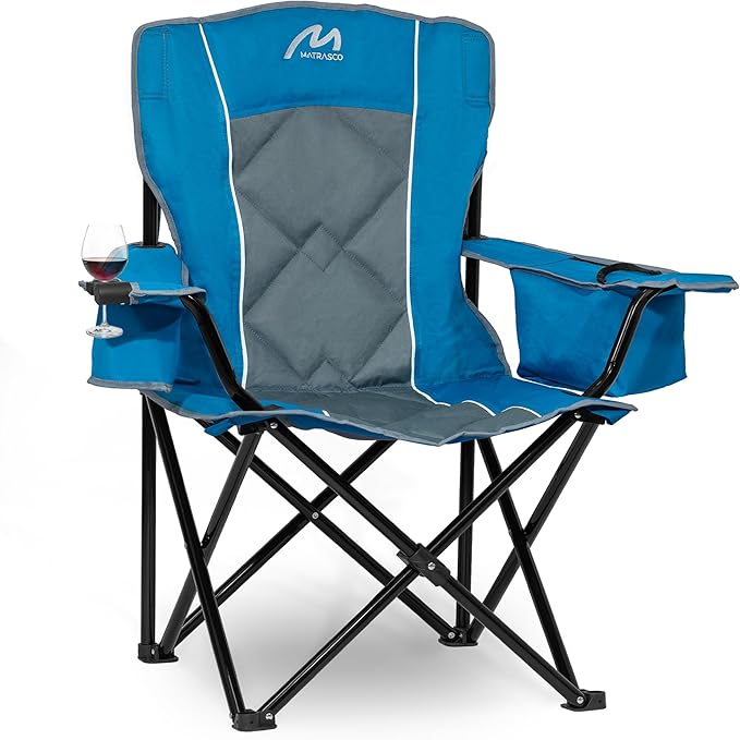 Matrasco Oversized Padded Camping Chair, Heavy-Duty Steel Frame for 450 lbs Supports, Convenient 6-Can Cooler, Portable Carry Bag, Perfect for Outdoor, Beach, and Hiking (Blue & Gray)