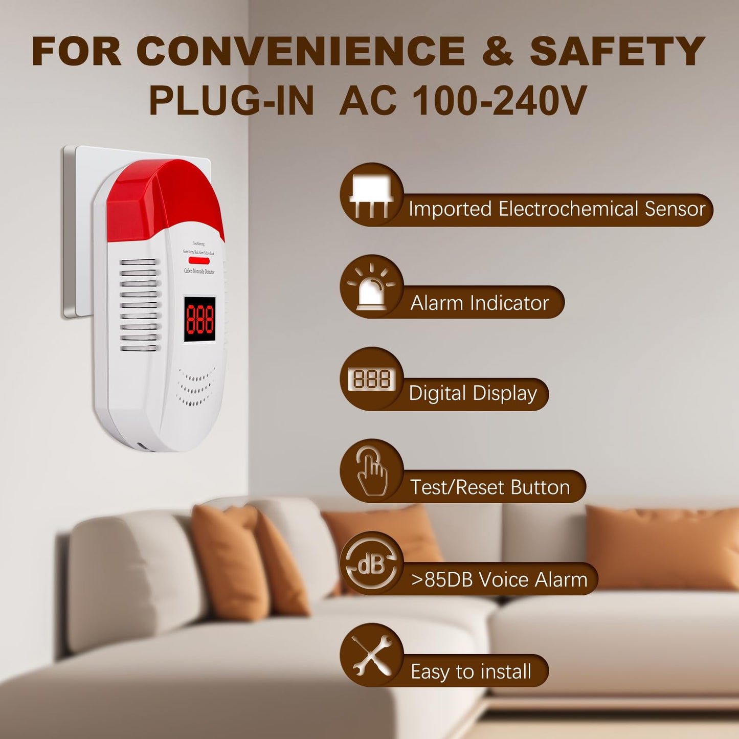 Carbon Monoxide Detector Plug in Wall CO Monitor Alarm Detectors with Digital Display Sound and Light Warning for Home Workplace and Travel Safety Precautions Essential