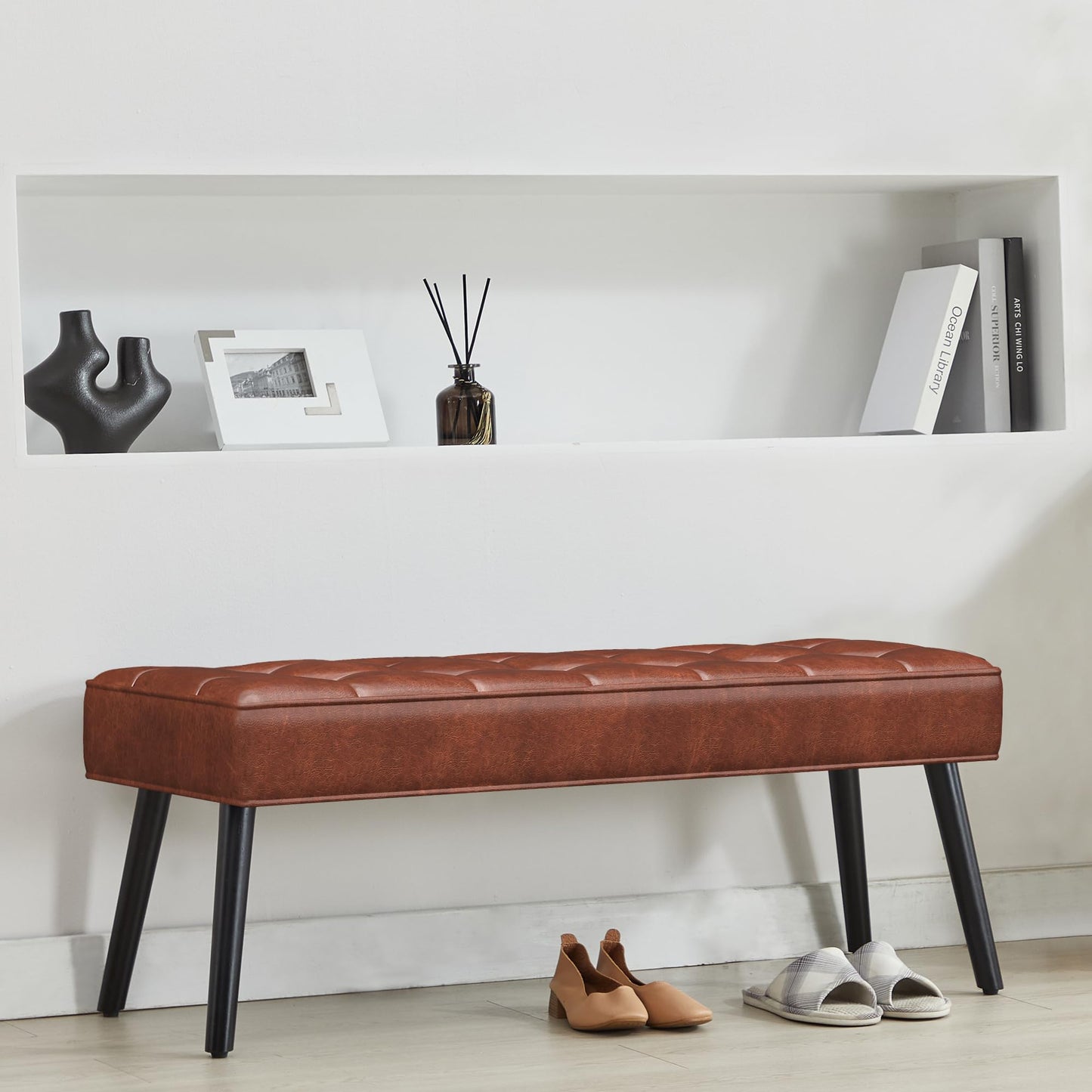 LOULENS 40'' PU Leather Tufted Ottoman Bench, Modern Upholstered End of Bed Bench, Waterproof Leather Entryway Bench with Wood Legs, Accent Footrest for Living Room, Brown