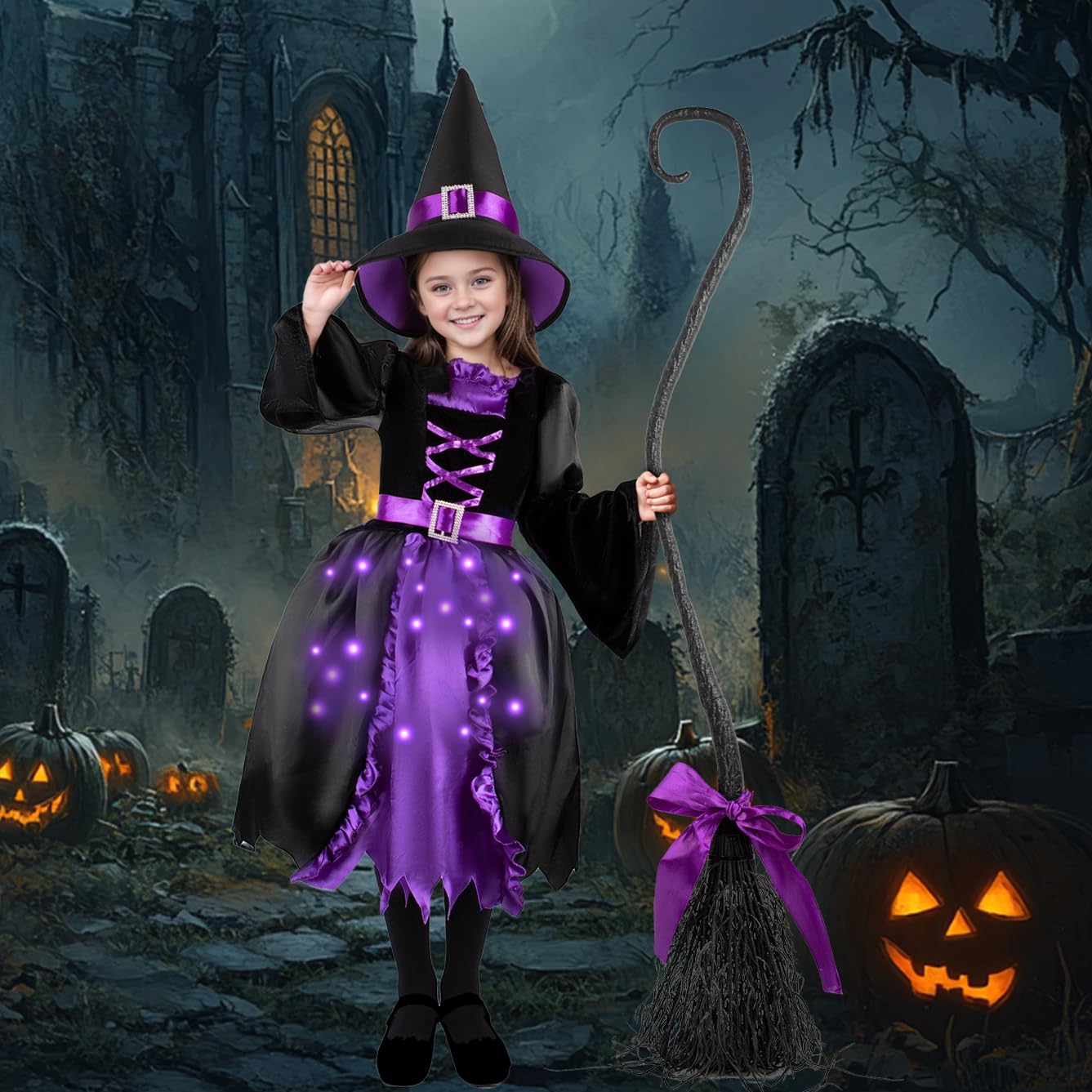 Kiddokids Witch Costume for Girls- Light-Up Dress with Hat & Broom Accessories, Halloween Costume Set for 3-12 Years, Purple Witch Outfit for Halloween Parties & Role Play