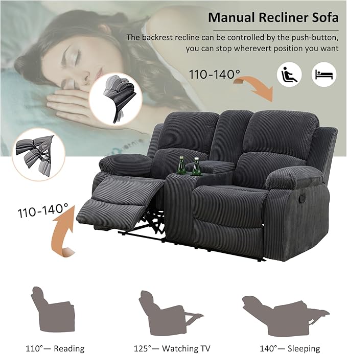 A Ainehome Living Room Furniture Set Grey Corduroy Recliner Sofa Set Loveseat Chair Furniture Sofa Set for Living Room/Small Space/Rv/House/Office/Theater Seating (A-Dark Grey Corduroy, Loveseat)