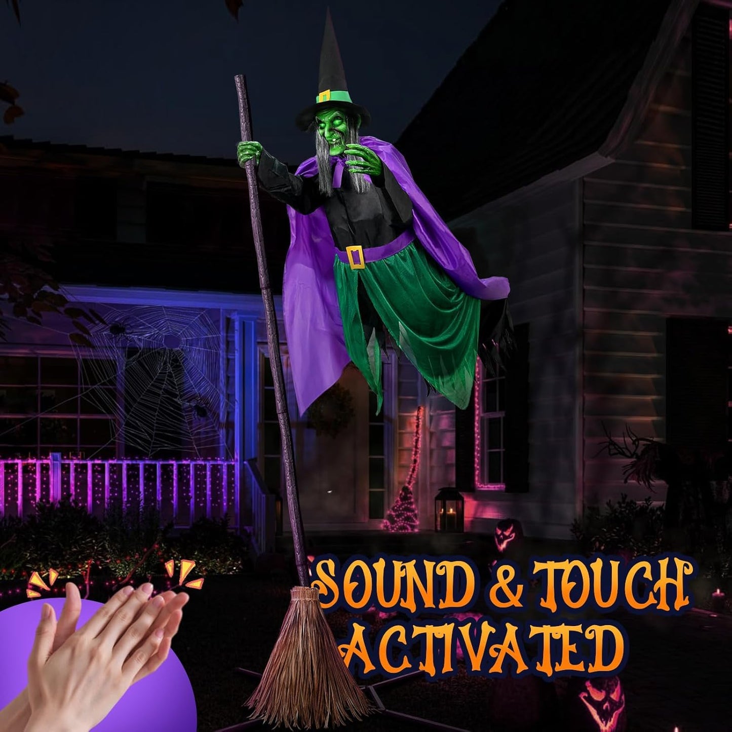 Halloween Decorations Outdoor - 6 Ft Animated Hovering Witch Animatronics Prop with Sound & Touch Activated Sensor - Spooky Scary Decor for Home Outside Garden Yard Lawn Green
