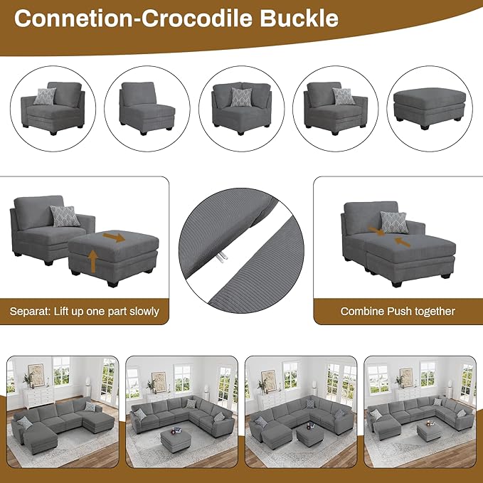 Legend Vansen Oversized Modular Sectional Sofa,6 Seat U Shaped Couch with Ottoman,Corduroy Sofa with Deep Seat,Convertible Large Sectional Couches for Living Room (Grey, L-6)