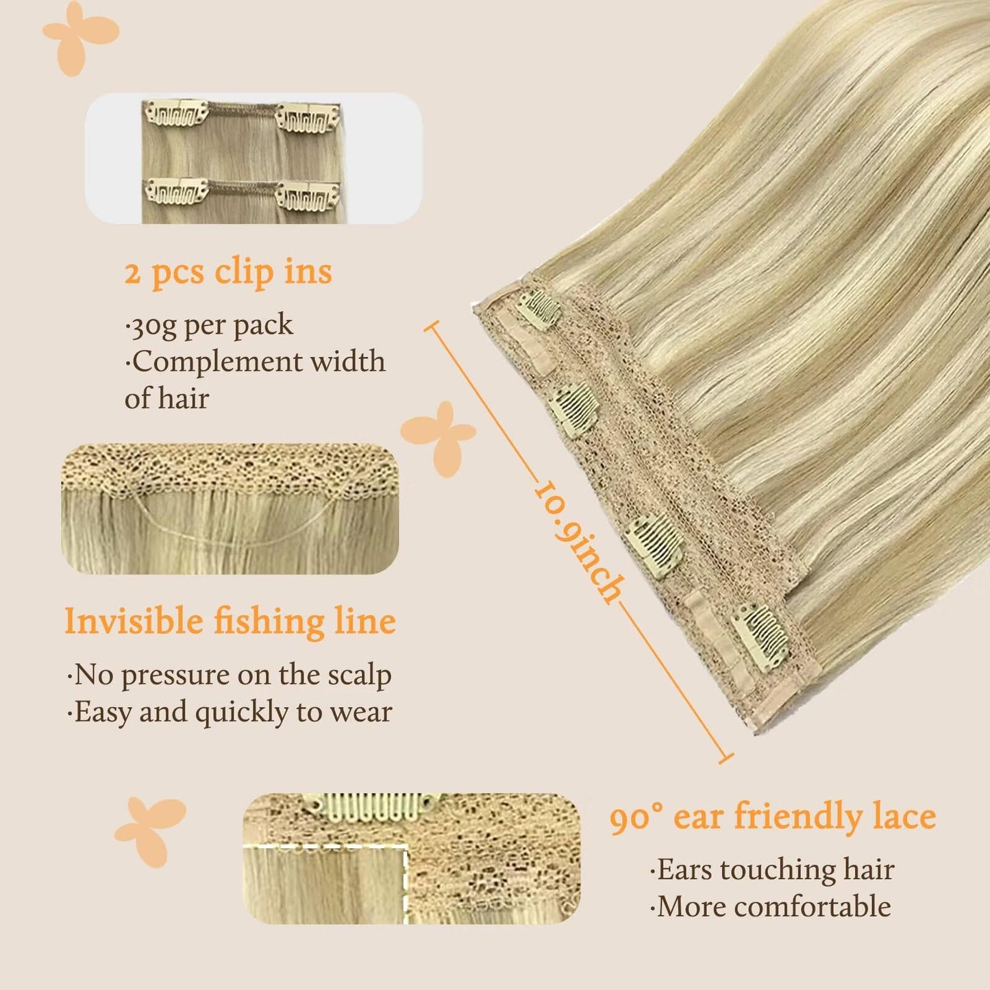 DOORES Wire Hair Extensions, 18 Inch 95g Fish Line Weft Extensions and 2pcs 30g Clip ins Light Blonde Highlighted Golden Blonde,