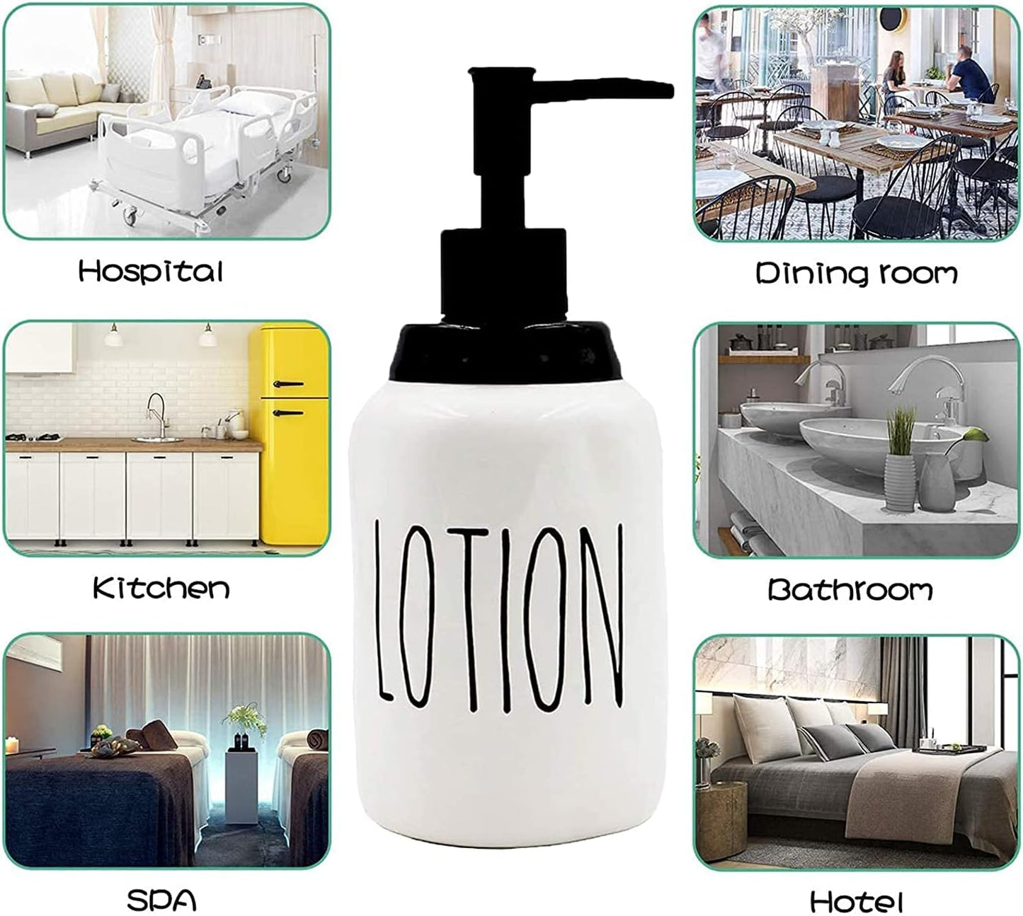 Ceramic Liquid Soap Dispenser, Modern Farmhouse Style Kitchen Counter Décor, Ideal for Kitchen Dish Soap, Hand Soap, Essential Oil & Lotion (Lotion, White Bottles with Black Pump and Lettering)