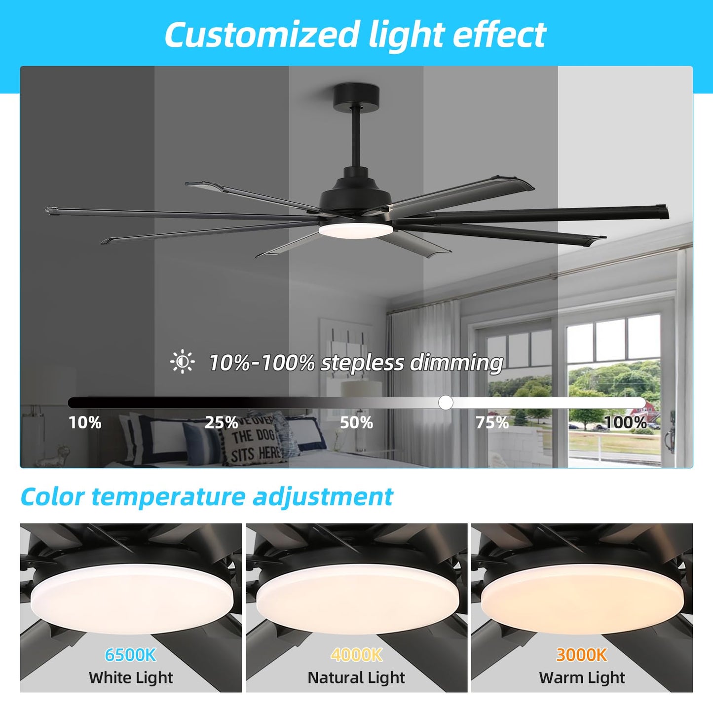 Rienaza 72 Inch Ceiling Fans With Lights And Remote Control,Large Ceiling Fan With 8 Aluminum Blades, 3Cct, 6-Speed,Black Commer