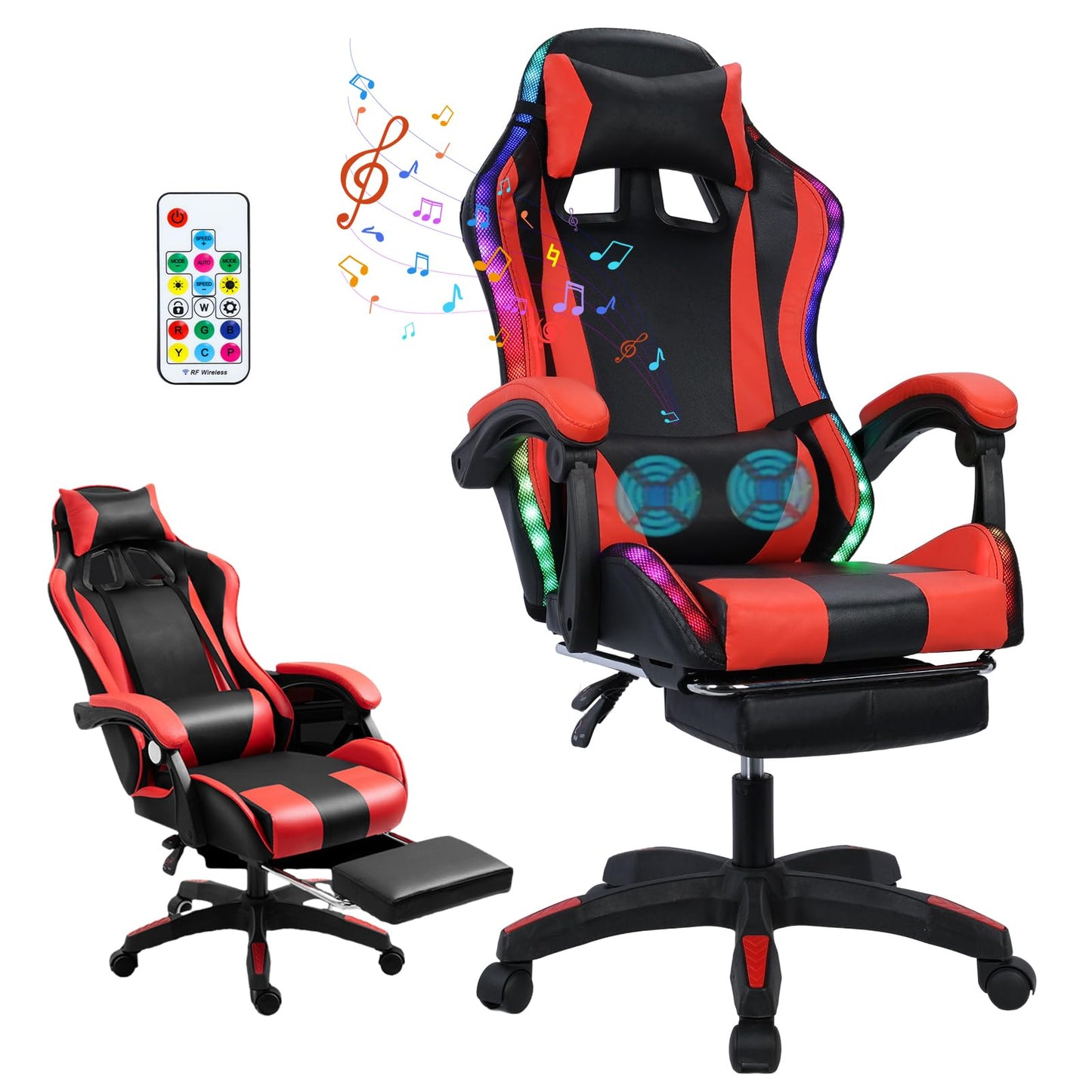 Gaming Chair with Bluetooth Speakers and Led Lights, Massage Gamer Chair with Footrest High Back and Lumbar Support, Ergonomic Height Adjustable Video Game Chairs Recliner for Adults (Black Red)