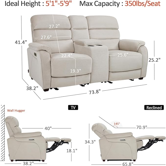 MCombo 73.8'' Wall Hugger Power Loveseat Recliner, Reclining Loveseat with Console, Adjustable Headrest, USB Charge Ports, Cup Holders, for Living Room, RVs, Small Spaces, Fabric ST258M2 (Beige)