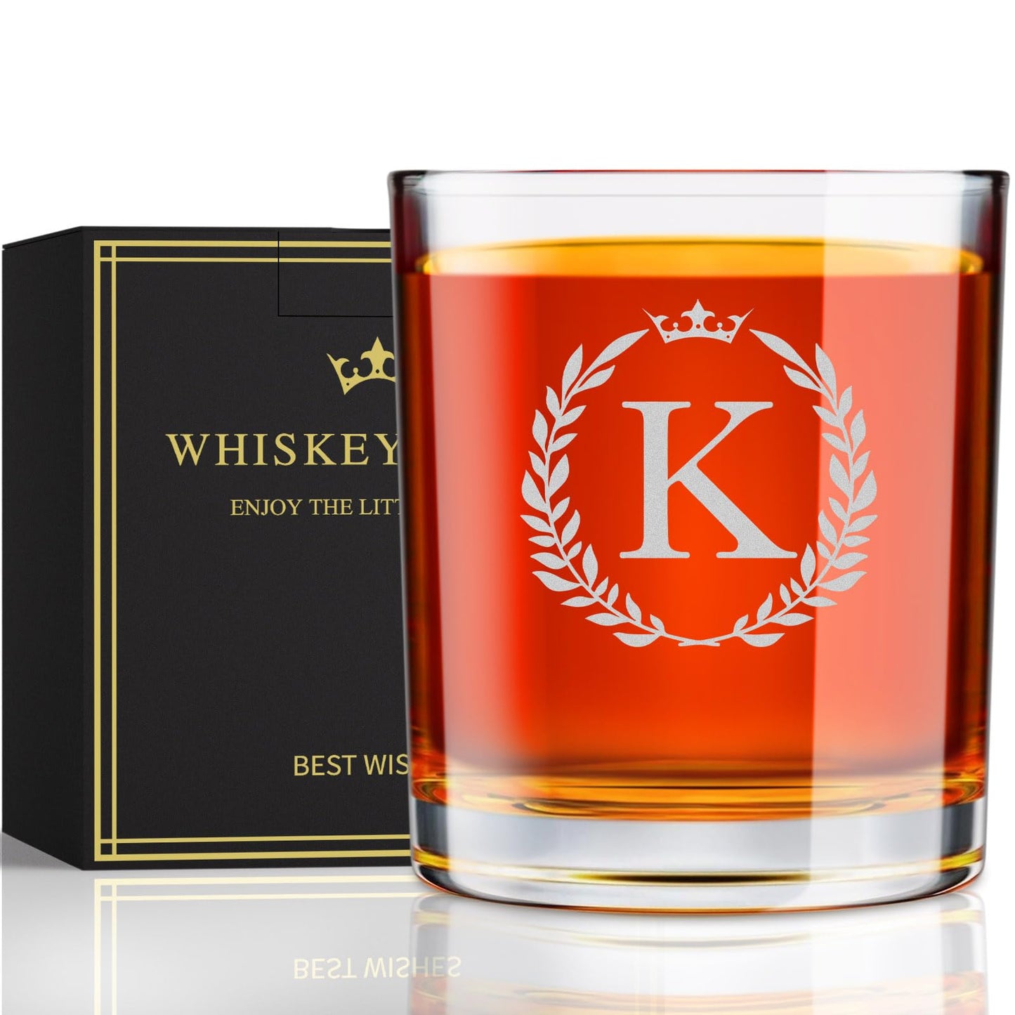 Personalized Whiskey Glasses Gifts for Men, Monogrammed Engraved A-Z 10.6 oz Rocks Glass Customized Gift, Unique Christmas Birthday Gifts for Men Him Dad Husband Brother Son (K)