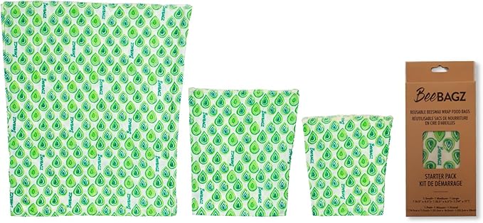 BeeBAGZ - Beeswax Wrap Storage Bag, Reusable Food Storage Bags, Pack of 3, Plastic Free Biodegradable Food Wrap Alternative, Starter Pack, 1 Small + 1 Medium + 1 Large, (Green)
