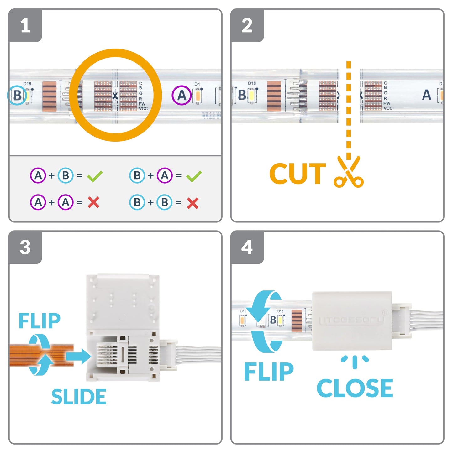 Litcessory 6-Pin to Cut-End Connector for Philips Hue/Solo Lightstrip (4 Pack, White - MICRO 6-PIN V4 / Solo Lightstrip)