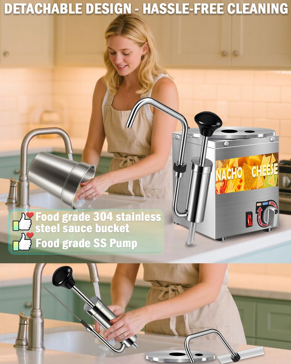 Nacho Cheese Dispenser, 4.6 Qt Nacho Cheese Warmer with Stainless Steel Pump, Hot Fudge Warmer with 6-Level Temperature Adjustment, Commercial Sauce Dispenser Machine for Butter Cheese Caramel Syrup