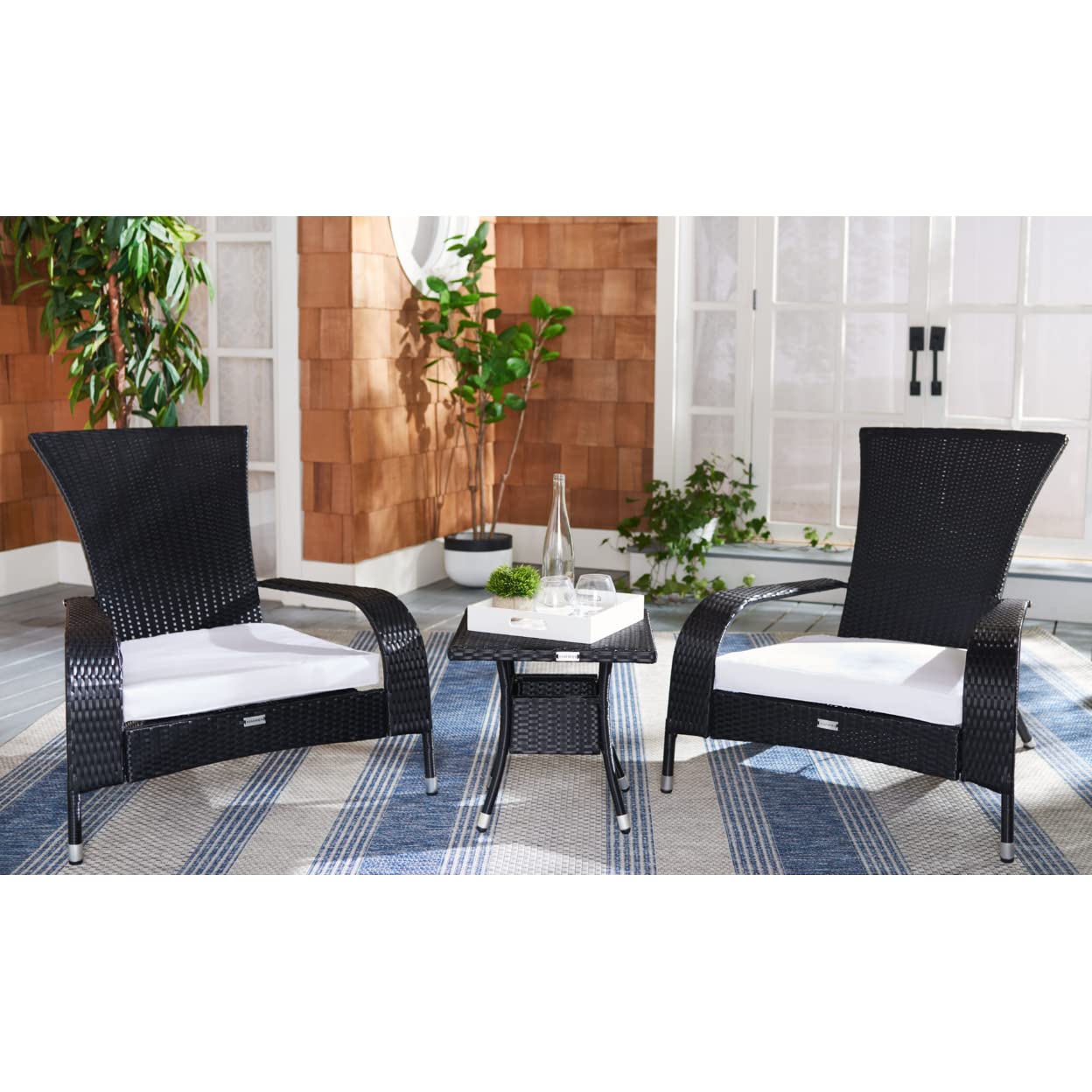 SAFAVIEH Outdoor - Edna 3-Piece Lounge Set - Black & White - Steel Frame & Faux Rattan with Cushion - Wingback Tropical French Design - Ideal for Patio, Deck, Porch, Backyard (PAT7719A)