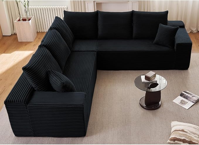 Sectional Cloud Couch for Living Room, Modular Floor Deep-Seat Sofa, Big Comfy Corduroy Couches Set with Fluffy Memory Foam, Stupendous L Shaped Sofas with Chaise, No Assembly Required, Black