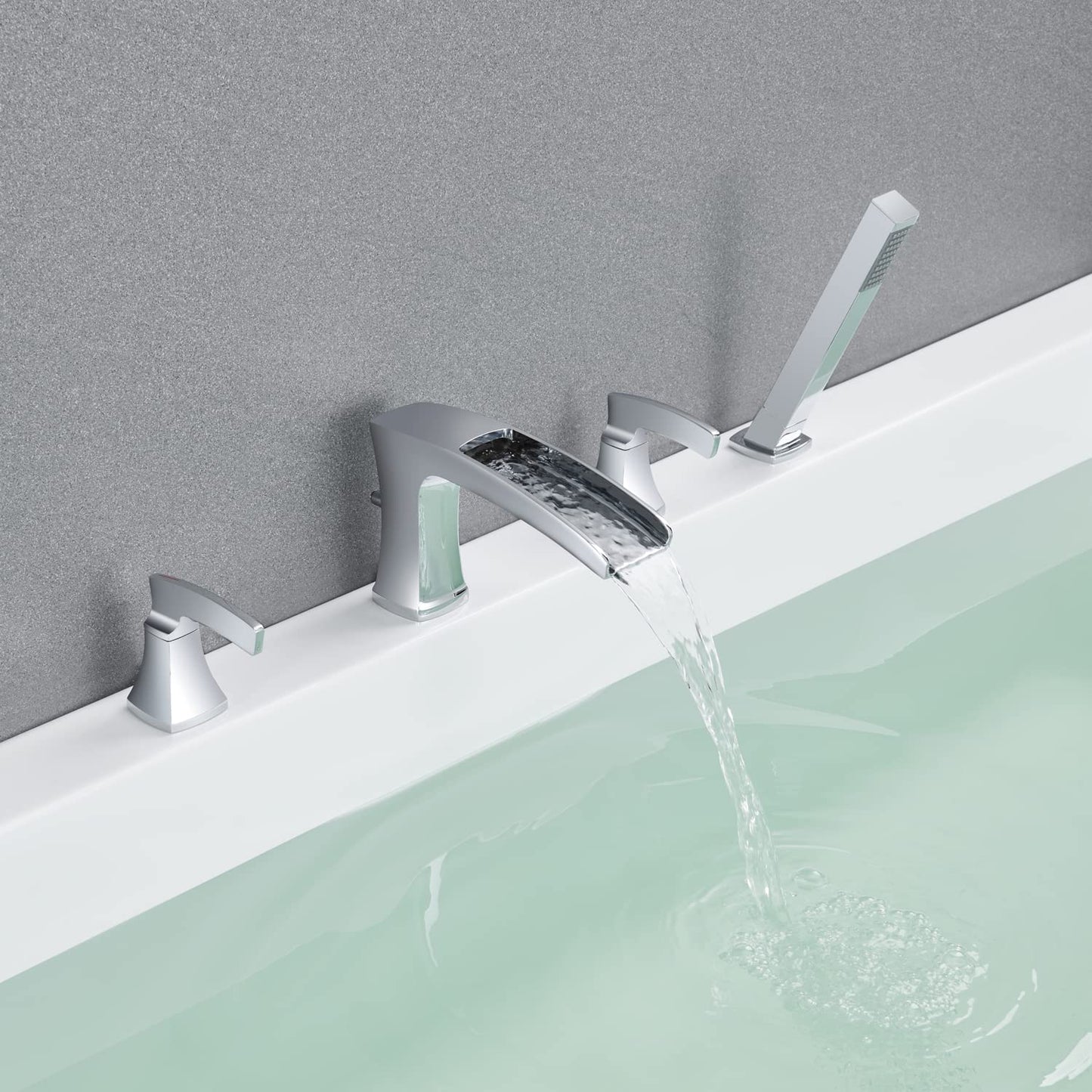 Artiqua Tub Filler Roman Waterfall Tub Faucet Chrome Deck Mount Bathtub Faucets 4 Hole Brass Bathroom Faucets with Hand Shower
