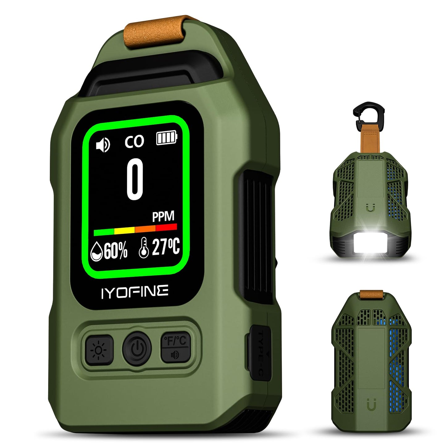 Portable Carbon Monoxide Detector for Travel, 300H Standby, CO Detector with Magnetic Back, Rechargeable 3-in-1 CO Monitor with Audible & Visual Alarm for Camping, Hotel, Car & RV (Green)