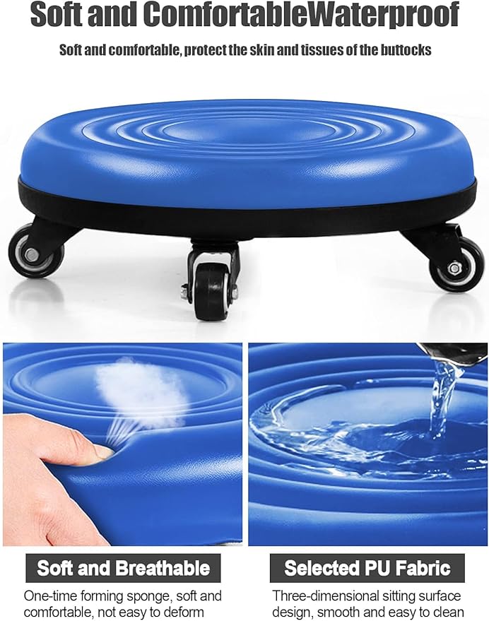 Lanstics Low Roller Seat Wheel Stool Chair PU Leather Rolling Stool Seats on Wheels for Home Office Fitness Round Roller Seat Stool (Blue)