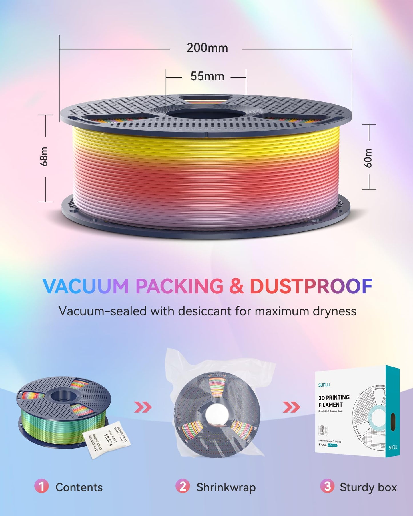 SUNLU Silk Rainbow PLA Filament 1.75mm, Multicolor Gradient 3D Filament, Neatly Wound Shiny Silk 3D Printer Filament, Dimensional Accuracy +/-0.02mm, 1KG Spool(2.2 lbs), Rainbow Silk 04