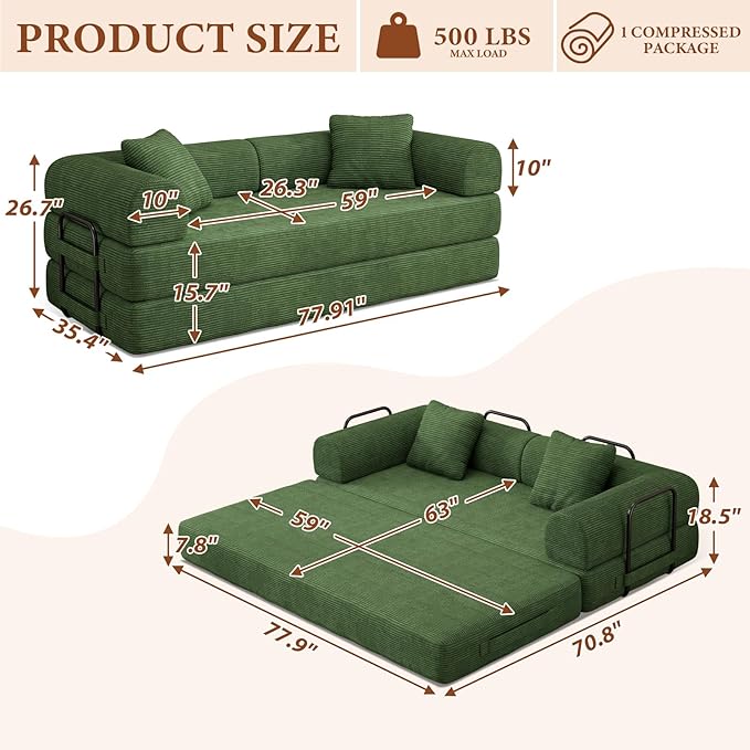 77" Convertible Sofa Bed, Modular Folding Futon Corduroy Floor Foam Compressed Loveseat Sleeper Sofa Couch, Pull Out Queen Size Couch Bed with 2 Pillows for Living Room Guest Room Studio, Dark Green