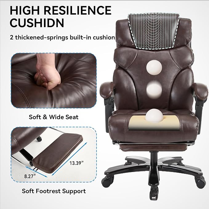 KCREAM 550lbs Heavy Duty Office Chair with Wide Seat,Big and Tall Executive Office Chair,Ergonomic Reclining Desk Chair with Footrest,PU Leather Computer Chair for Home and Office Use,Brown