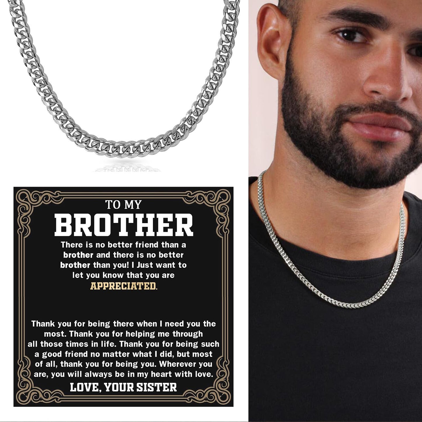 To My Brother Necklace Cuban Chain, Little Brother Necklace Gifts, Brothers Necklaces For Christmas, Anniversary Christmas Graduation Birthday Gifts For Brothers From Sister