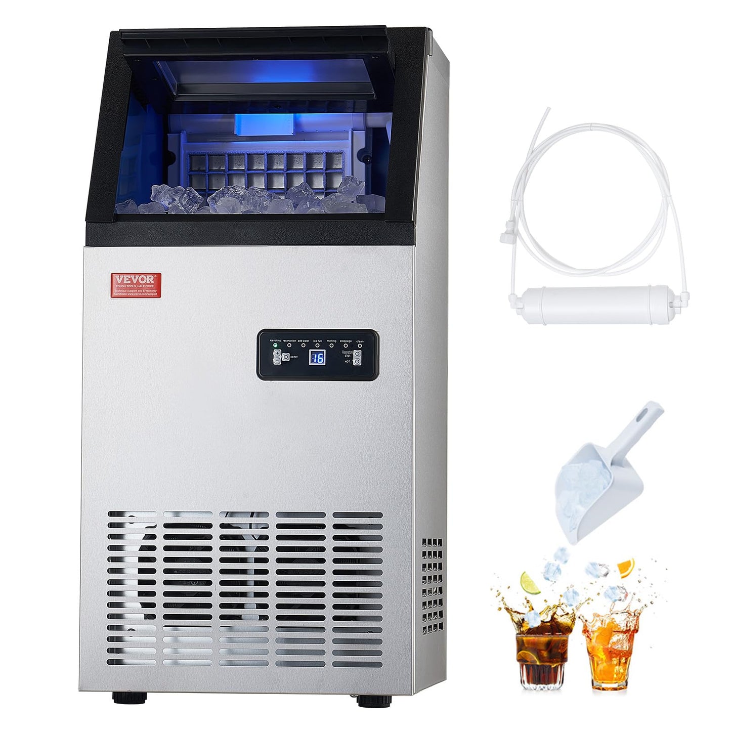 VEVOR Commercial Ice Maker, 100lbs/24H Ice Maker Machine with 28lbs Storage Capacity, 40 Ice Cubes in 15 Minutes, Freestanding Ice Maker for Bar Home Office Restaurant, LED Display, Self-Cleaning