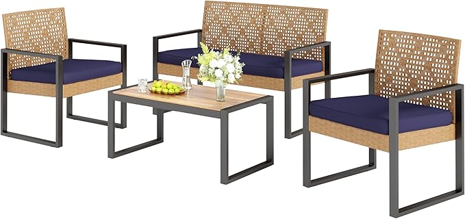 Sophia & William 4 Pieces Patio Conversation Set, Wicker Outdoor Furniture Set for 4, All Weather Outdoor Seating Set, Rattan Loveseat & Chairs with Cushions & Coffee Table, Yellow and Navy Blue