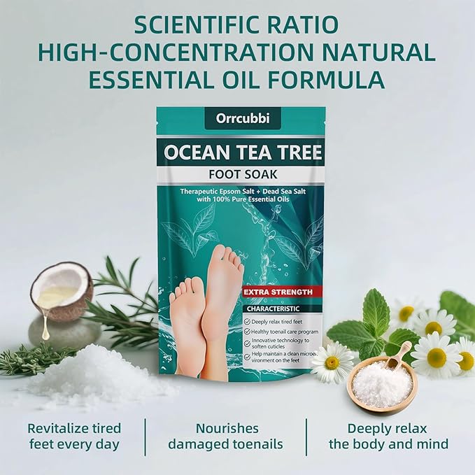 EXTRA STRENGTH Ocean Tea Tree Oil Foot Soak Salt – Dead Sea & Epsom Salt with Natural Essential Oils – Foot Bath for Odor, Callus Softening & Toenail Care – Relax Tired Feet, Home Spa Use 16oz