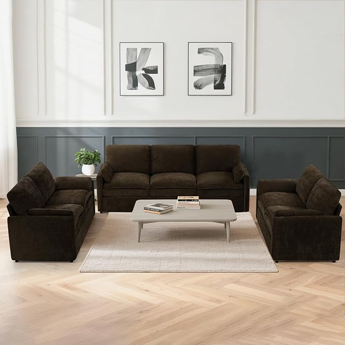 ACMEASE 3 Pieces Chenille Sofa Set w/Arm Pillows, Upholstered 2 Pieces Loveseat & 3 Seater Sofa w/Comfortable Back Cushions, Modern 2-Seat & 3-Seat w/High-Density Foam for Living Room, Brown