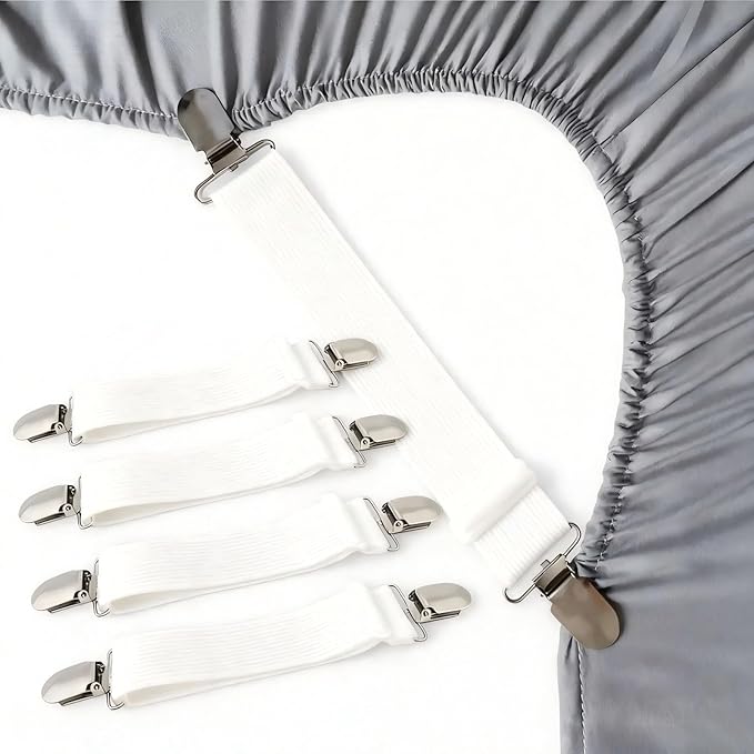 4 adjustable bed sheet straps and one duvet cover fastener set. Easy to install without flipping the mattress. The Quilt Fasteners are made of eco-friendly materials, safety, comfort and no pin holes