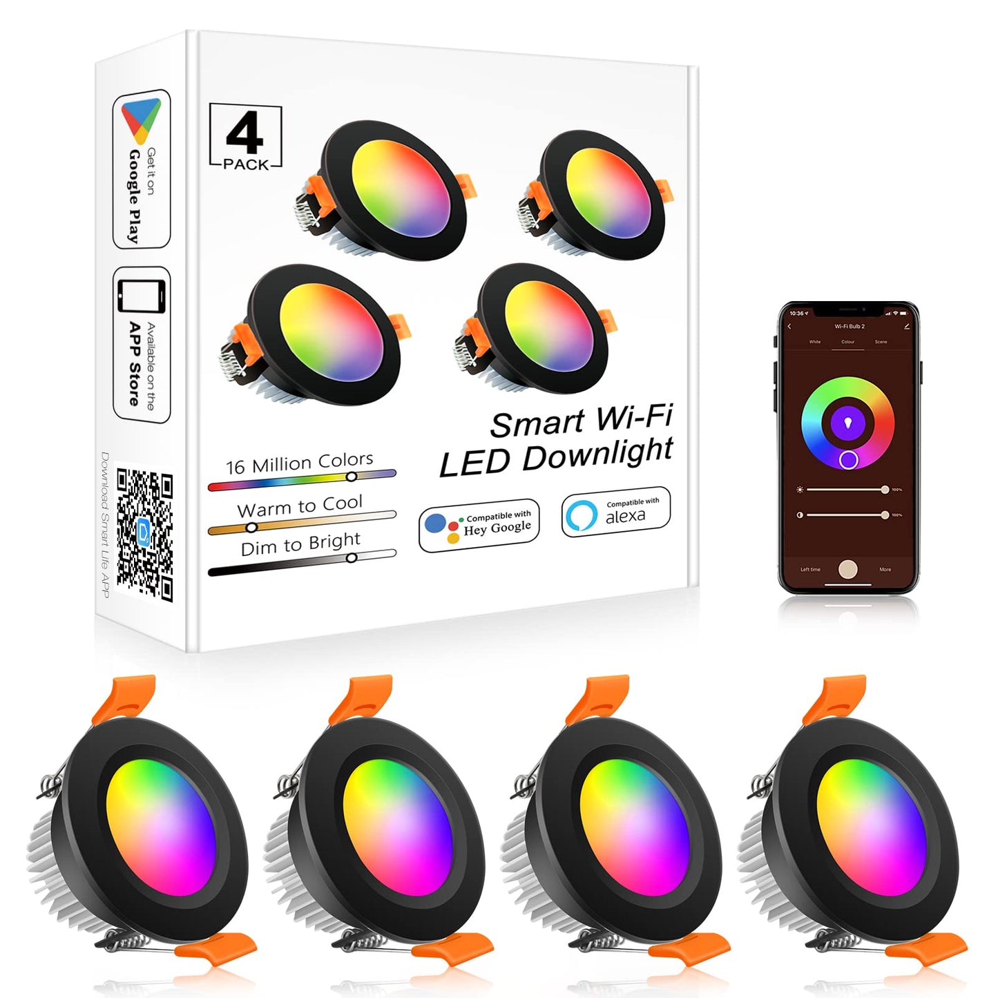 YGS-Tech Smart 2 Inch Recessed Lighting, WiFi LED Downlight 5W 120V, Compatible with Alexa and Google Home, Dimmable RGB & CCT 2700-6500K, Black Trim, LED Ceiling Light with Driver (4 Pack)