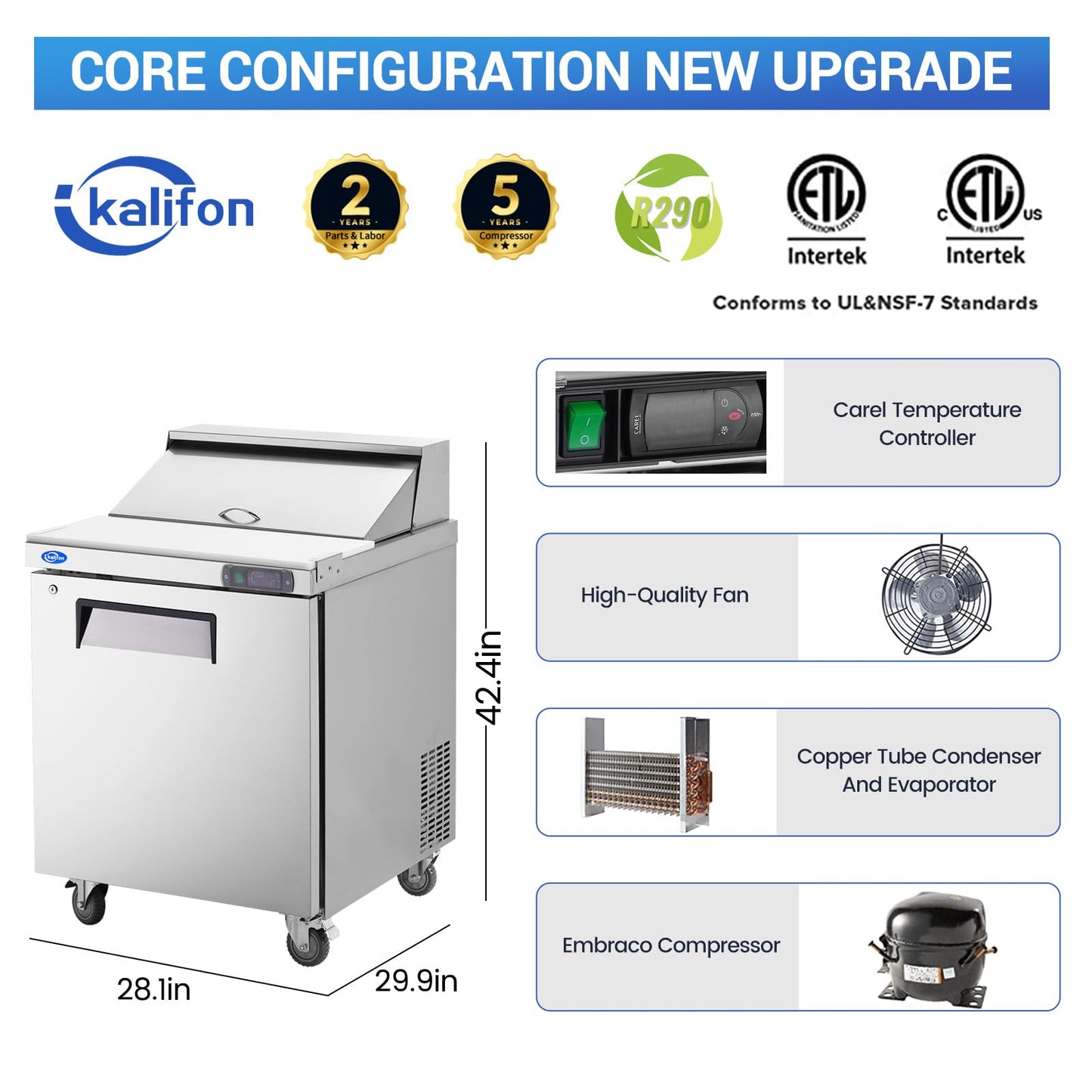 kalifon 27" W 1 Door Refrigerator Sandwich Salad Prep Table Commercial Stainless Steel Fan Cooling Refrigerator with Cutting Board, 1 Shelves & 8 Pans for Restaurant, Bar, Shop-7.4 Cu.ft