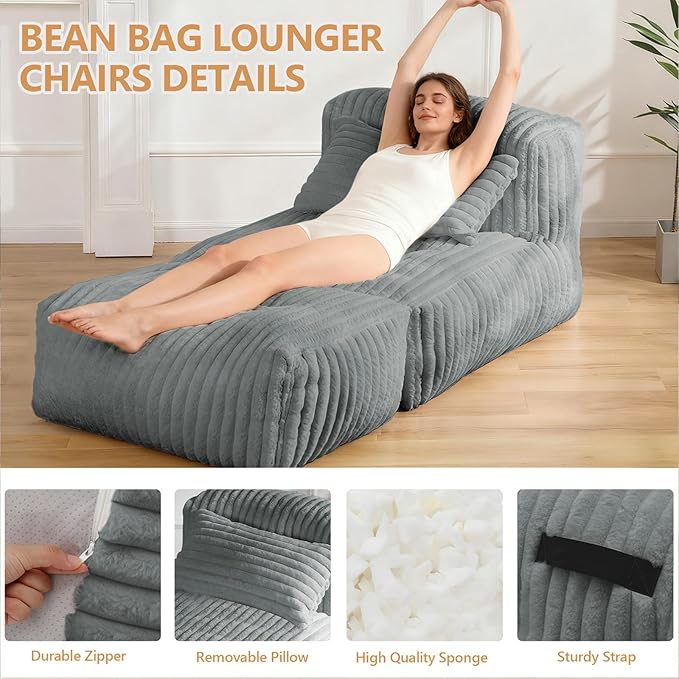 Giant Bean Bag Lounger Sofa with Pillow, Large Beanbag Chair for Adults, Oversized Comfy Beanbag Lazy Floor Sofa, Bean Bag Couch with Memory Foam Filled for Living Room, Bedroom, Gray