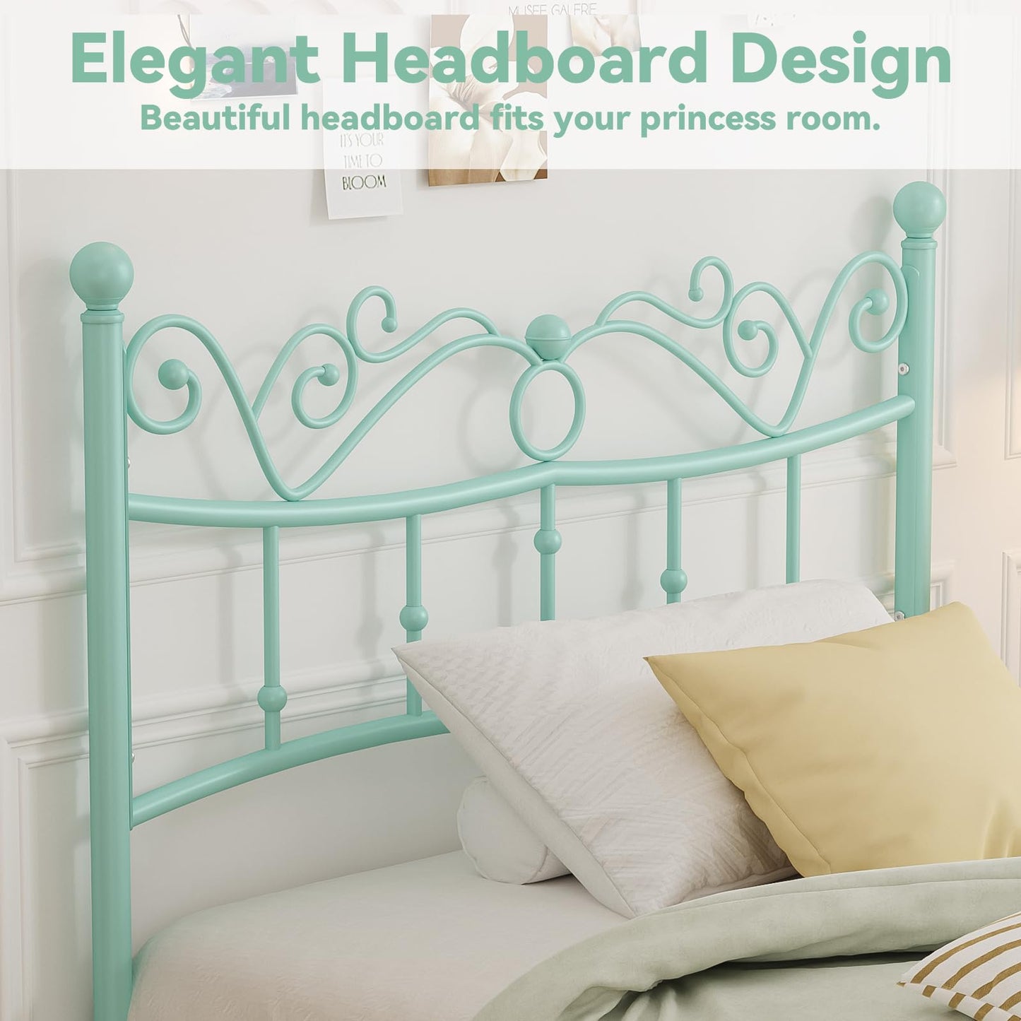 Merronix Twin Bed Frames with Headboard, Elegant Metal Bed Frame for Kids Girls, Modern Twin Size Platform Bed - No Box Spring Needed, 11.2 Inches Height Underbed Storage - Mint Green