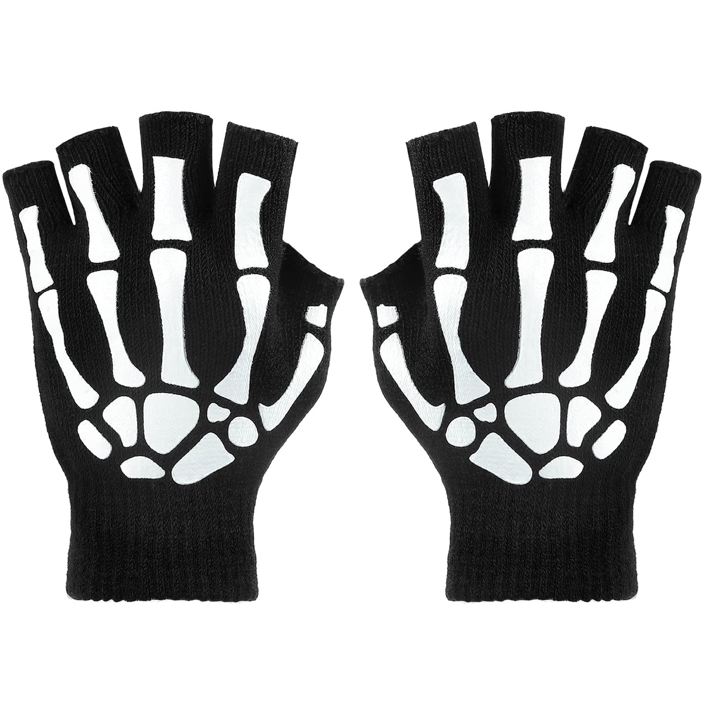 Tatuo 3 Pairs Skeleton Fingerless Glove Glow in the Dark Glove for Kid Adult Halloween(Large)