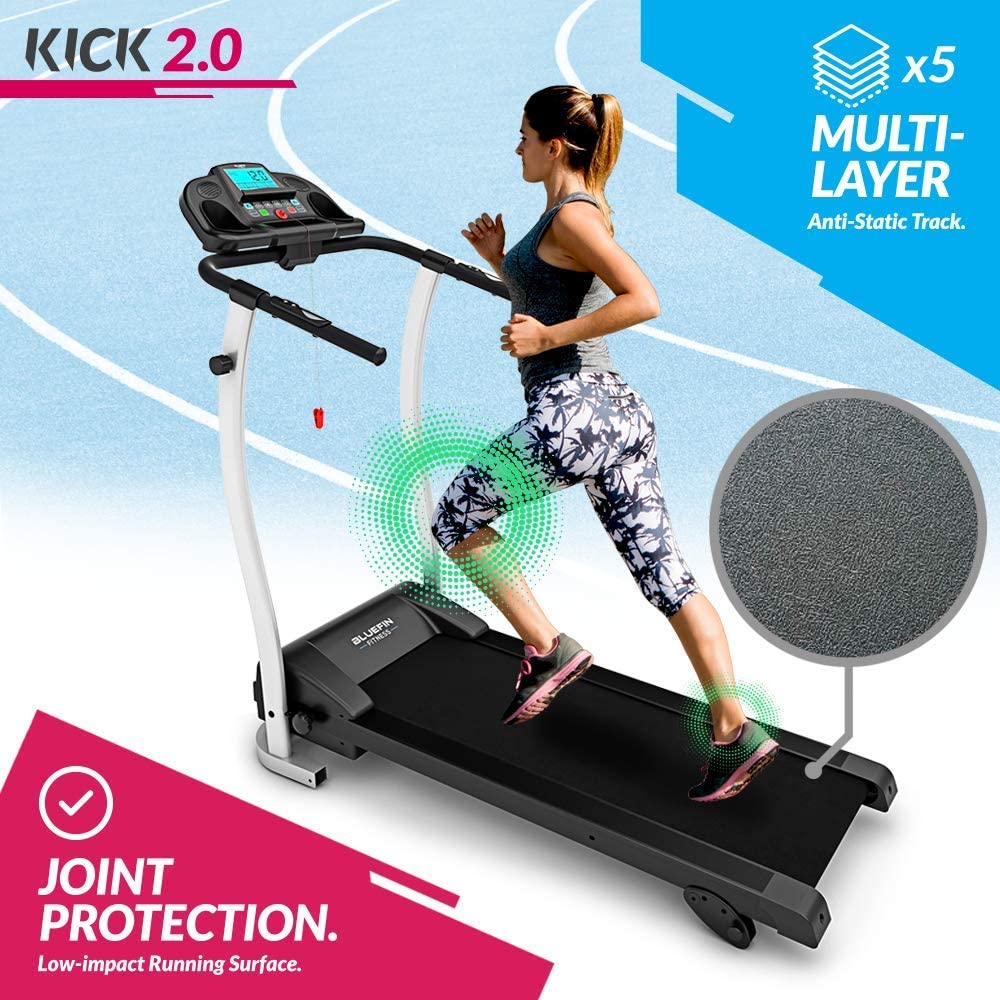 Bluefin Fitness Kick 2.0 Innovative High-Speed Folding Treadmill | Kinomap | Live Video Streaming | Video Coaching & Training | Quiet | 12 Km/h + 18% Incline | Joint Protection Tech | HRC Sensors